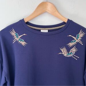 Embellished Crane Pullover Sweatshirt Embroidered Rhinestone Drop Shoulder Large